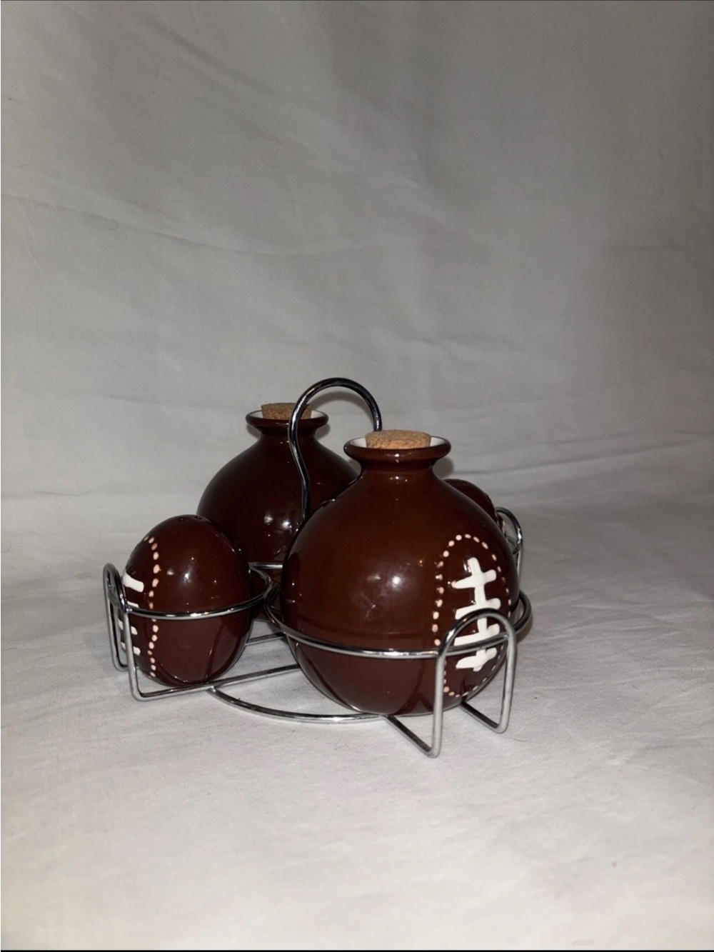 Coushatta Brown Ceramic Salt and Pepper Shaker, Vinegar, and Oil w/Caddy